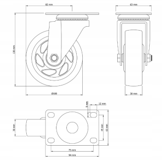 Zestaw 4 kółek obrotowych Ø 100 mm – gumowane, łożyskowane, podstawa 63 × 94 mm (bez hamulca) - 6