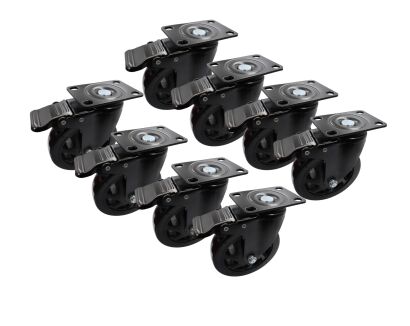 Zestaw 8 kółek obrotowych Ø 100 mm z hamulcem – gumowane, łożyskowane, podstawa 63 × 94 mm.