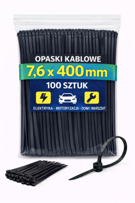 Opaski zaciskowe 7,6 × 400 mm czarne – trytytki kablowe nylon PA – 100 szt.