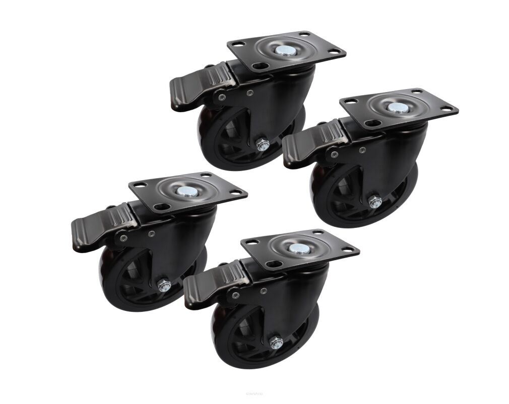 Zestaw 4 kółek obrotowych Ø 100 mm z hamulcem – gumowane, łożyskowane, podstawa 63 × 94 mm.