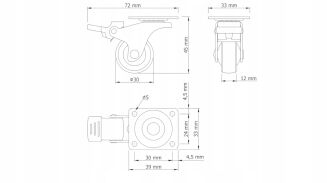 Kółko meblowe obrotowe Ø 30 mm — gumowane, czarne z hamulcem i podstawą 33 × 33 mm. - 6