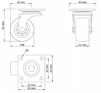 Rolka meblowa MINI Ø 16 mm gumowana – szara. - 3