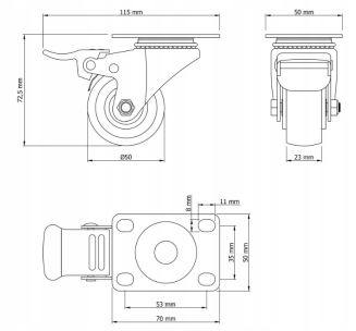Kółko obrotowe z hamulcem łożyskowane Ø 50 mm – guma, podstawa 50 × 70 mm. - 6
