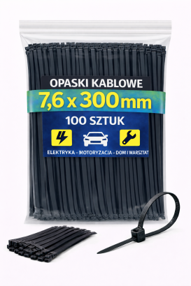 Opaski zaciskowe 7,6 × 300 mm czarne – trytytki kablowe nylon PA – 100 szt.