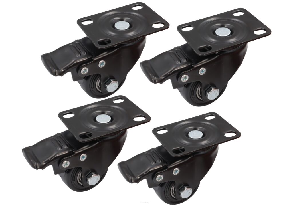 Zestaw 4 kółek obrotowych Ø 50 mm z hamulcem – gumowane, łożyskowane, podstawa 50 × 70 mm