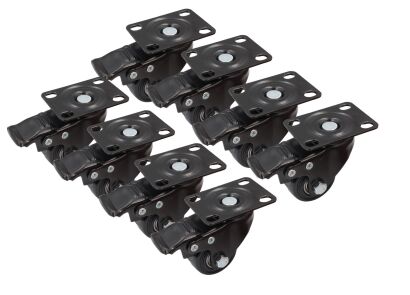 Zestaw 8 kółek obrotowych Ø 75 mm z hamulcem – gumowane, łożyskowane, podstawa 63 × 94 mm.