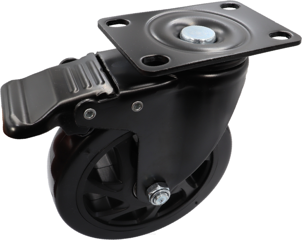 Kółko obrotowe z hamulcem łożyskowane Ø 125 mm – guma, podstawa 63 × 94 mm.