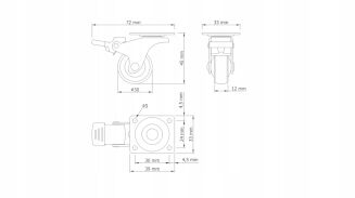 Kółko meblowe obrotowe Ø30 mm gumowane czarne z hamulcem, chrom, 33 x 33 mm. - 5