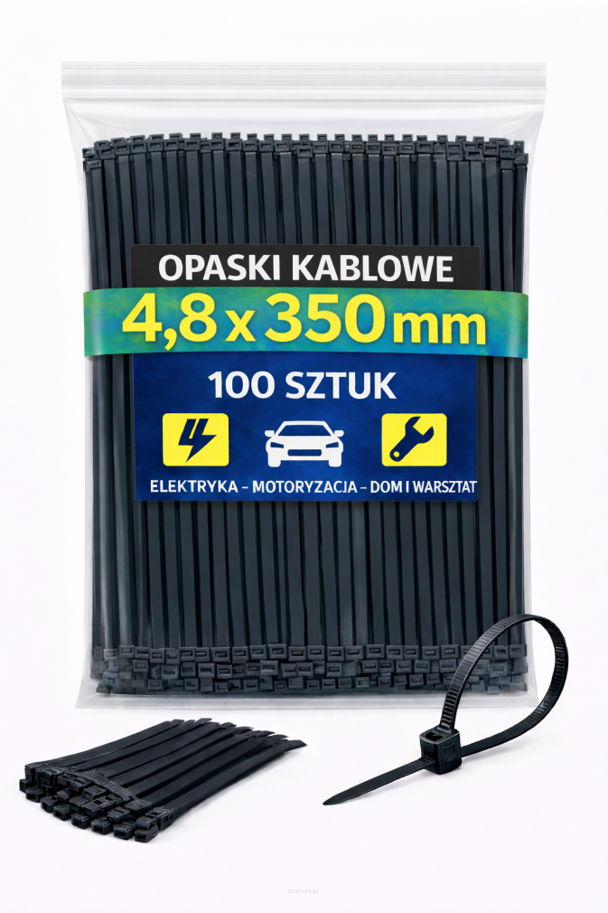 Opaski zaciskowe 4,8 × 350 mm czarne – trytytki kablowe nylon PA – 100 szt.
