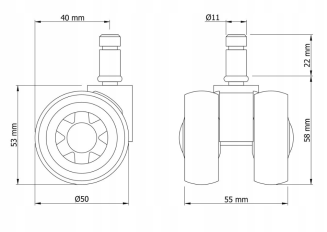Kółko meblowe gumowane Ø 50 mm z trzpieniem montażowym 11 × 22 mm, obrotowe czarno-białe. - 7