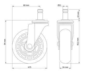 Kółko meblowe kauczukowe Ø 75 mm z trzpieniem montażowym 11 × 22 mm, łożyskowane. - 6
