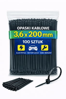 Opaski zaciskowe 3,6 × 200 mm czarne – trytytki kablowe nylon PA – 100 szt.