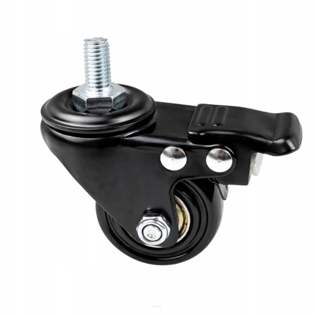 Kółko meblowe obrotowe Ø 50 mm — gumowane, czarne, z hamulcem, gwint M8 × 15 mm.