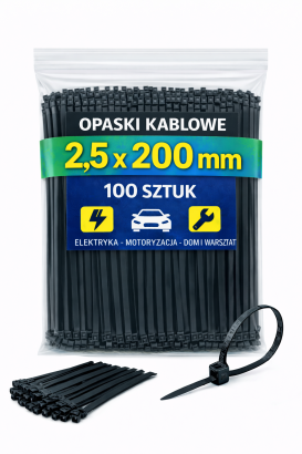 Opaski zaciskowe 2,5 × 200 mm czarne – trytytki kablowe nylon PA – 100 szt.