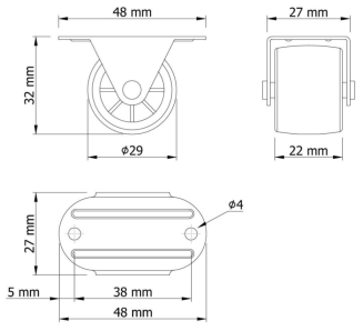 Rolka meblowa sztywna H32 mm,  czarna z płytką 48 × 27 mm. - 4