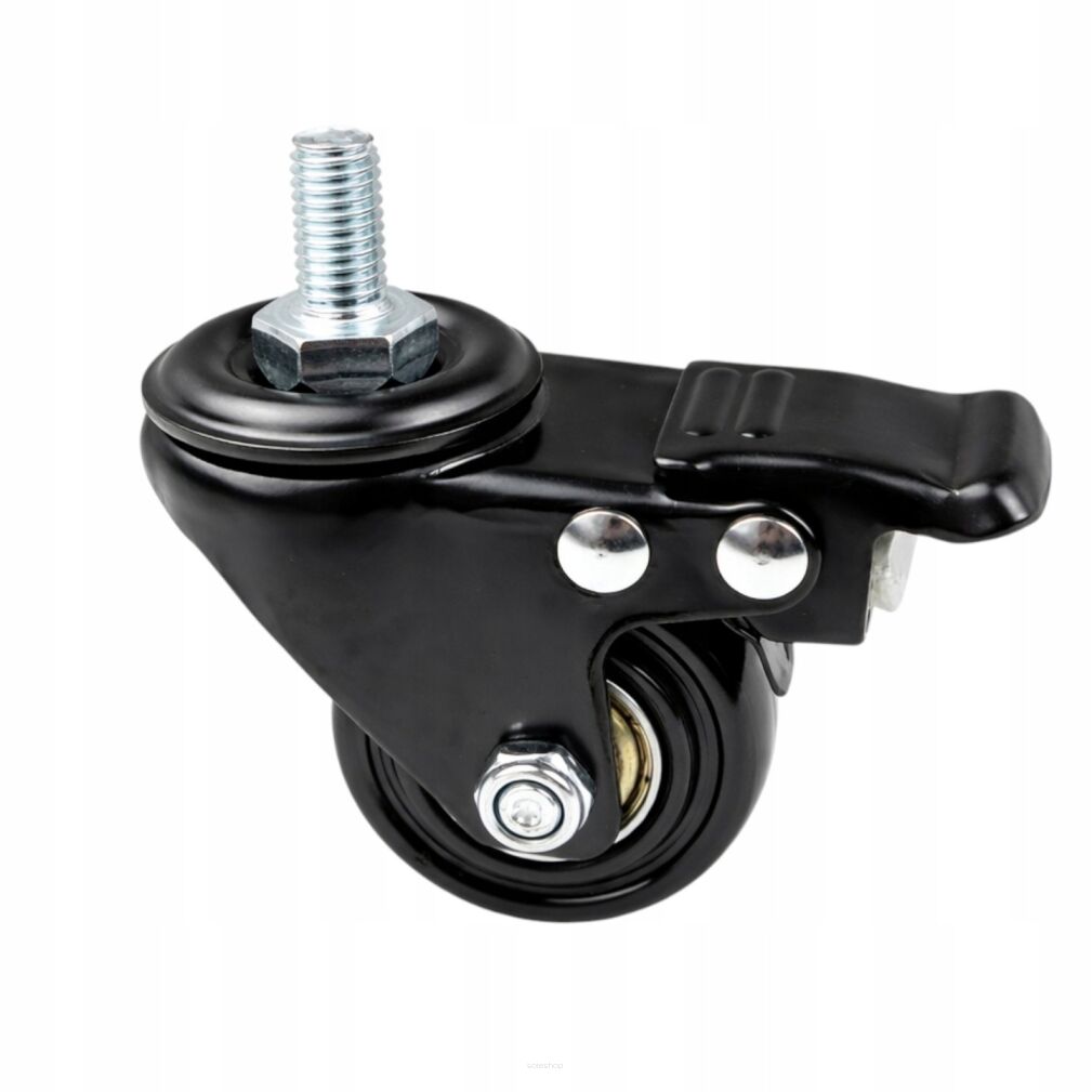Kółko meblowe obrotowe Ø 40 mm — gumowane, czarne, z hamulcem, trzpień gwintowany M8 × 15 mm.