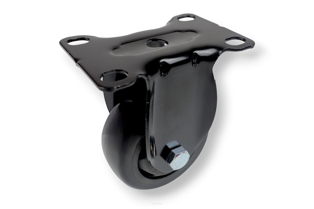 Kółko meblowe stałe Ø 75 mm — gumowane, czarne, podstawa 63 × 94 mm.