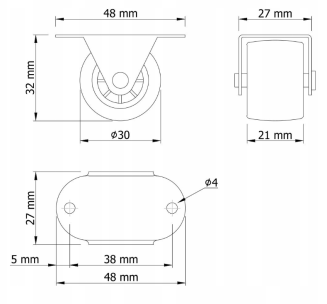Rolka meblowa sztywna H32 mm,  gumowana z płytką 48 × 27 mm. - 2