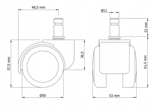 Kółko meblowe obrotowe Ø 50 mm PVC gumowane z trzpieniem montażowym 11 × 22 mm, czarne. - 6