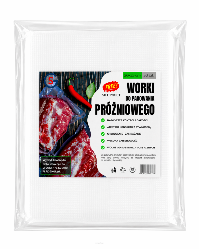 Worki próżniowe moletowane 20×25 cm – 50 szt., PA/PE, do pakowania i sous-vide.