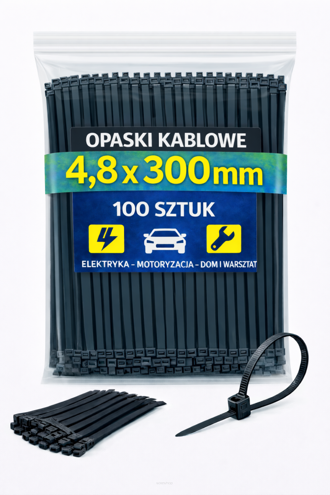 Opaski zaciskowe 4,8 × 300 mm czarne – trytytki kablowe nylon PA – 100 szt.