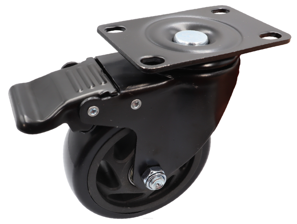 Kółko obrotowe z hamulcem łożyskowane Ø 100 mm – guma, podstawa 63 × 94 mm.