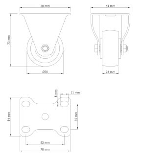 Kółko meblowe stałe Ø 50 mm — gumowane, czarne, podstawa 54 × 70 mm. - 5