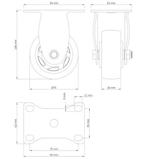 Kółko meblowe stałe Ø 100 mm — gumowane, czarne, podstawa 63 × 94 mm. - 7