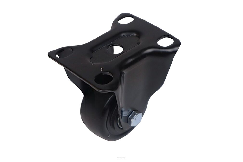 Kółko meblowe stałe Ø 65 mm — gumowane, czarne, podstawa 63 × 94 mm.