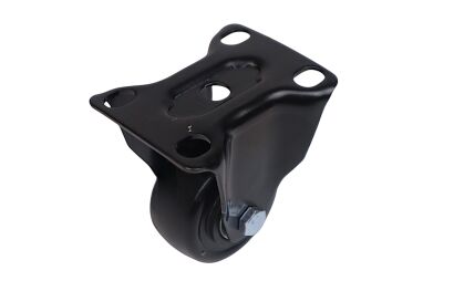 Kółko meblowe stałe Ø 65 mm — gumowane, czarne, podstawa 63 × 94 mm.