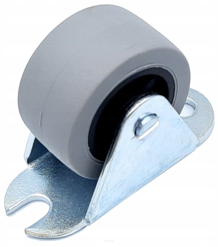 Rolka meblowa sztywna H29 mm, gumowana, szara z płytką 39 × 18 mm.