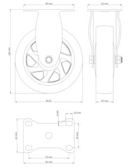 Kółko meblowe stałe Ø 125 mm — gumowane, czarne, podstawa 63 × 94 mm. - 5