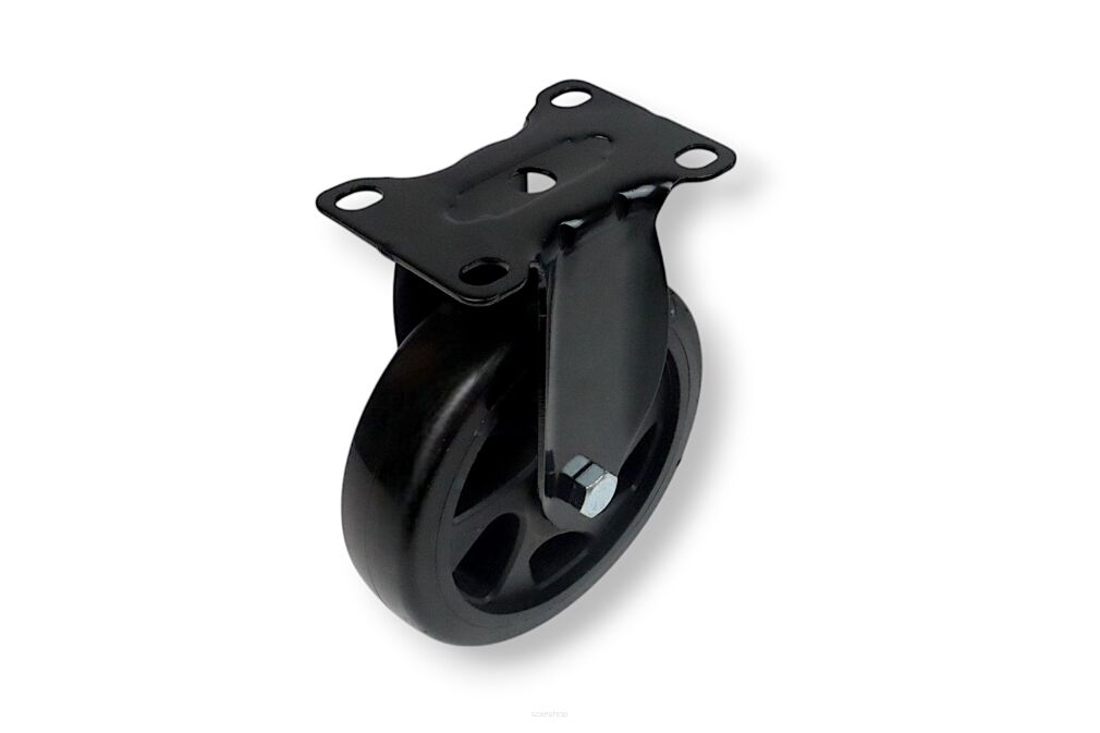 Kółko meblowe stałe Ø 125 mm — gumowane, czarne, podstawa 63 × 94 mm.