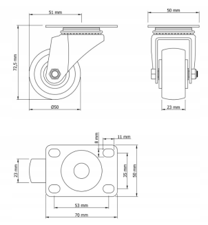 Kółko obrotowe łożyskowane Ø 50 mm z gumą – podstawa 50 × 70 mm. - 6