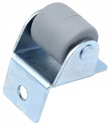 Rolka meblowa sztywna gięta MINI Ø16 mm gumowana, szara z płytką 32 × 22 mm.
