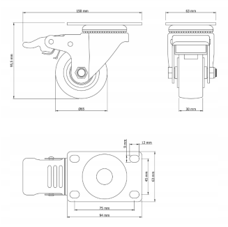 Zestaw 8 kółek obrotowych Ø 65 mm z hamulcem – gumowane, łożyskowane, podstawa 63 × 94 mm. - 6