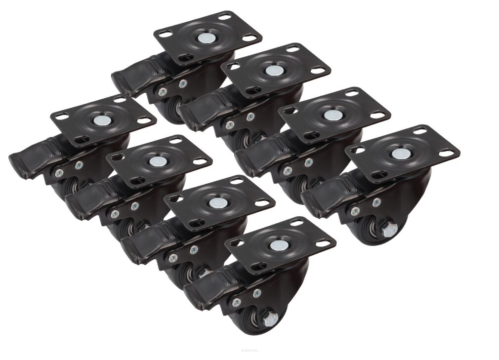 Zestaw 8 kółek obrotowych Ø 65 mm z hamulcem – gumowane, łożyskowane, podstawa 63 × 94 mm.